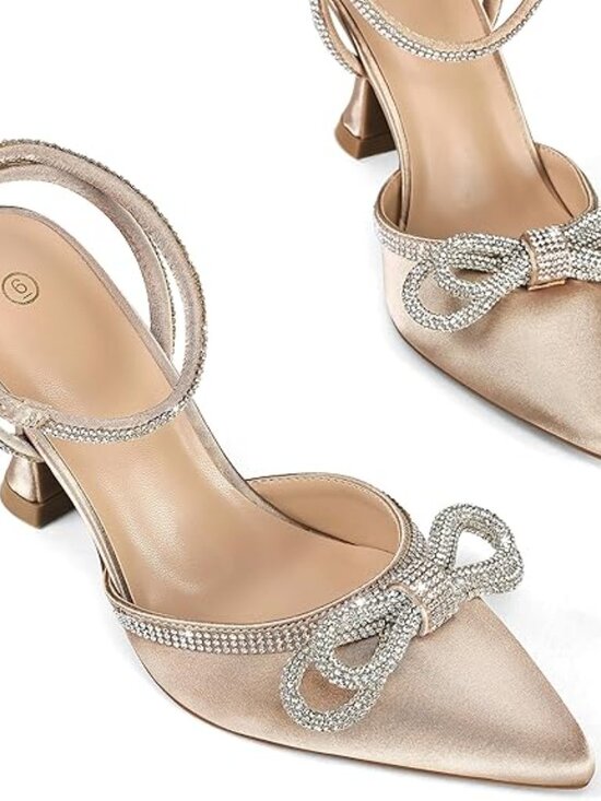 branded Shoes - Women's Rhinestone Bow Pumps Wedding Dress Shoes Pointed Toe Ankle Strap Kitten